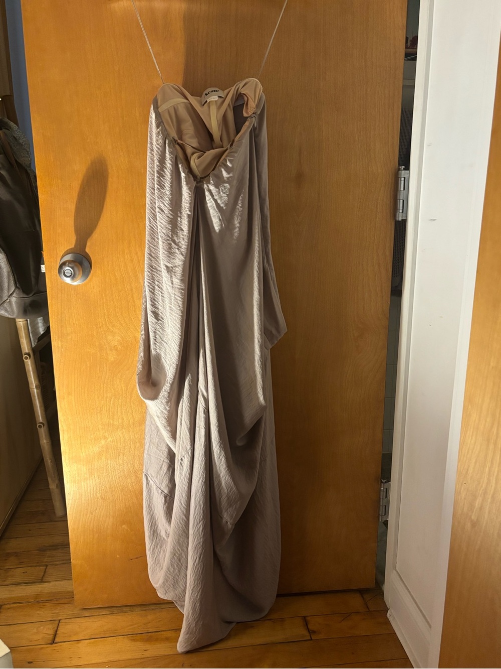 Acne strapless draped maxi dress in taupe